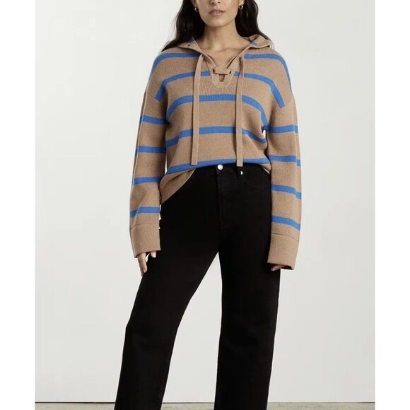Everlane Lace Up Smock Sweater Chestnut Blue Stripe Organic Cotton Wool Sz L - Picture 7 of 10